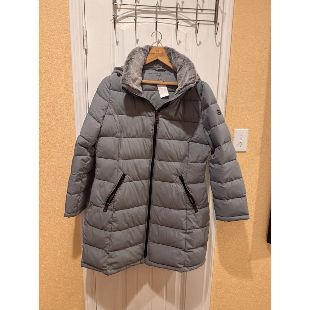 Andrew Marc Stretch Puffer Jacket XL Black Removable Fur Hood Grey